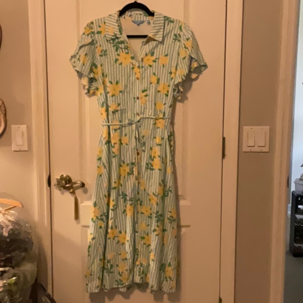 Draper James RSVP Blue and Yellow Floral Striped A Line Button Up Dress